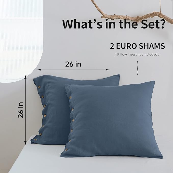 Simple&Opulence 100% Washed Linen Euro Sham Cover, 26 x 26 Inch, Decorative Bed Pillow Cover with Coconut Button, Solid Color Pillow Shams Set of 2 (Classic Blue)