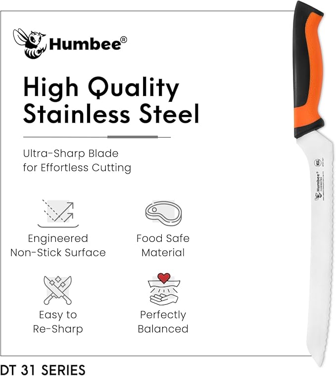 10-Inch Offset Serrated Bread Knife, Premium High Carbon Stainless Steel Blade Knife for Bread with Ergonomic Handle, NSF Certified, DT-31 Series, Orange