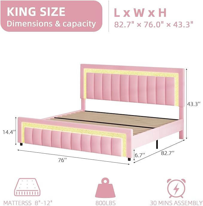 HOMBCK King Size Bed Frame with LED Lights and Velvet Upholstered Headboard, Bed Frame King with Modern Diamond Headboard Adjustable, Wooden Slats Support, Noise Free, No Box Spring Needed, Pink
