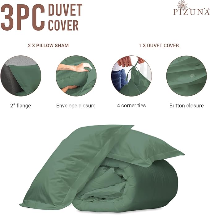 Pizuna Pure 100% Cotton Full Duvet Cover Set, Luxurious 400 Thread Count Long Staple Cotton Sateen Weave with Button Closure (Combed Hedge Green Cotton Duvet Cover Full)