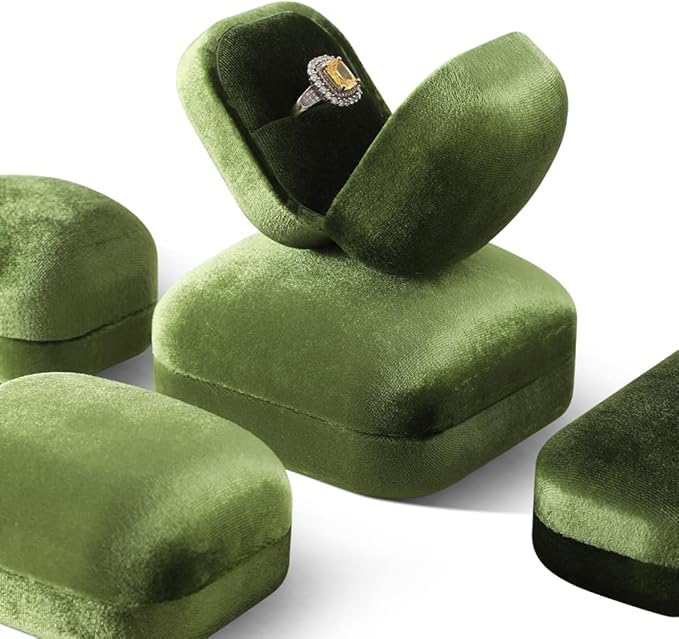 Resilient Velvet Ring Earrings Bracelet Necklace Display Box, Travel Mini Jewelry Organizer Case (Green, Ring Box)