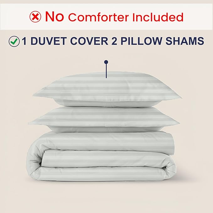 Kotton Culture 3 Pc Queen Size Duvet Cover Set- 100% Egyptian Cotton Sateen 600 TC Ultra Soft Premium Durable Comforter Cover Zipper Closure & Corner Ties (Striped Silver, Queen/Full 90" X 90")