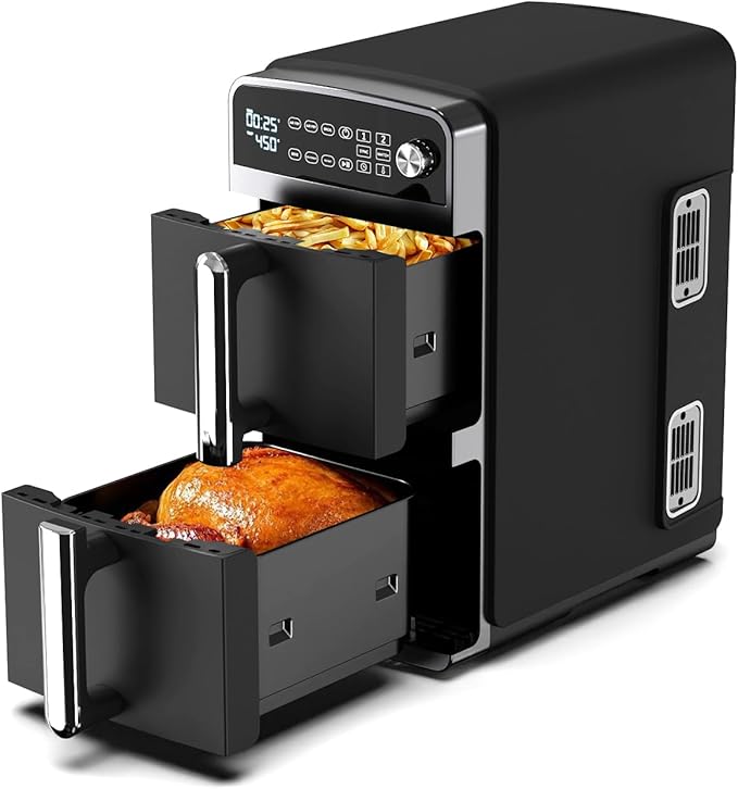10QT Dual Layer Air Fryer Oven, 5QT×2 Capacity, Vertical 2-Basket Design, 7-in-1 Function with Broil, Roast, Bake, Reheat, Dehydrate, and Air Fry, Family Size, BPA-Free