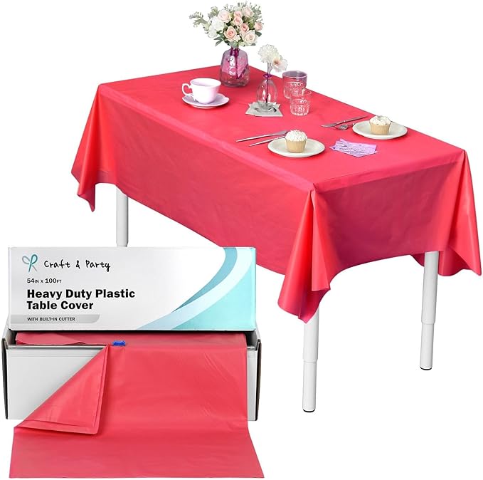 Craft And Party, 54 in x 100 feet Plastic Table Cover Roll for Party, Banquet, Picnic, Kids Activities for Any Size and Shape Table (Coral, 54" x 100ft)