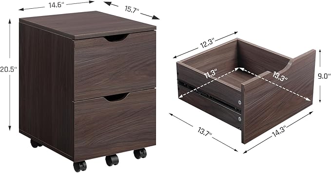 HollyHOME Under Desk Cabinet, Deep 2-Drawer Mobile Wood Cabinet, Storage Drawer for Home, Rolling Shelf for Office, Rolling Printer Stand, for A4, Modern, Dark Brown
