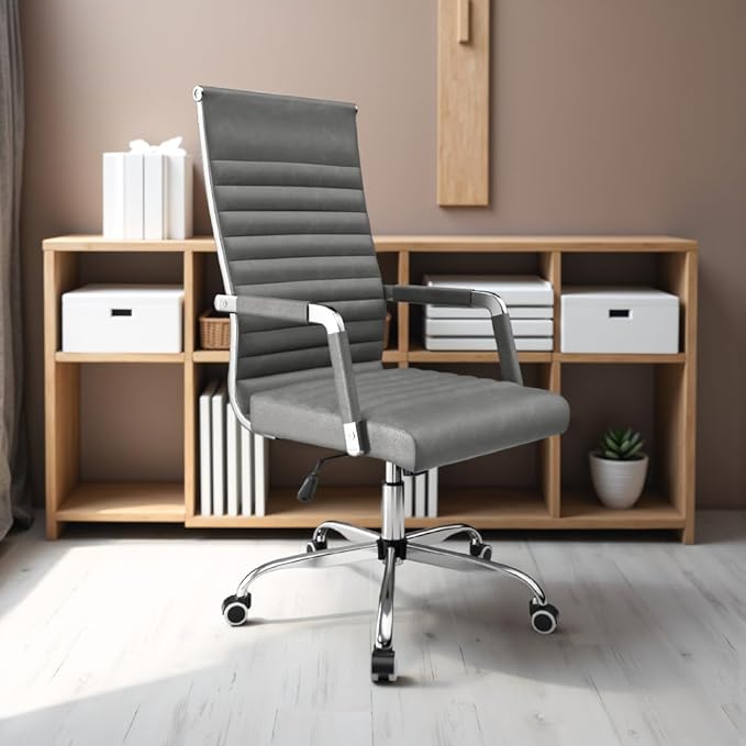 Furmax Ribbed Office Desk Chair Mid-Back PU Leather Executive Conference Task Chair Adjustable Swivel Chair with Arms (Bicolor Vintage Grey)