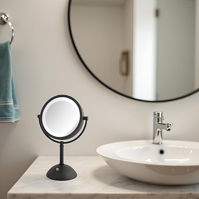 JERDON Lighted Makeup Mirror with Magnification - 1X and 8X Magnification - Black Makeup Mirror - Model HL8808BKL