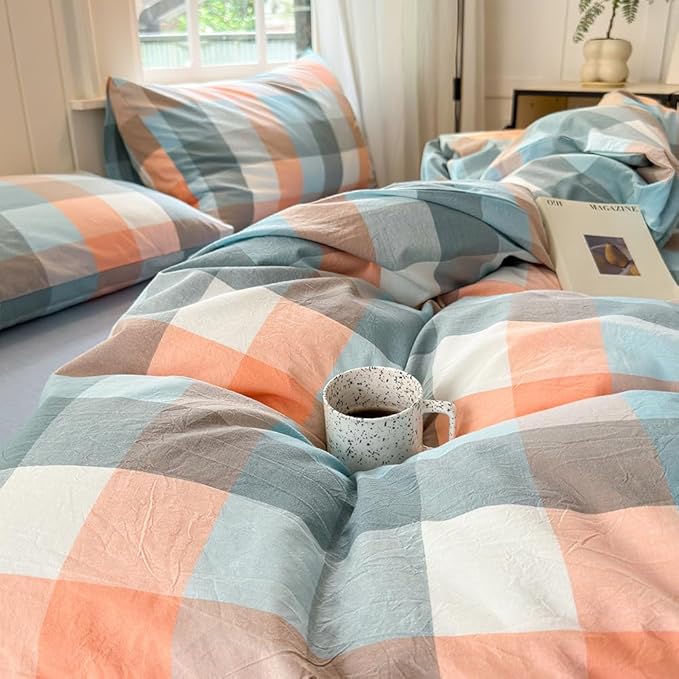 FACE TWO FACE Bedding Duvet Cover Set100% Washed Cotton Duvet Cover Linen Like Textured Breathable Durable Soft Comfy (King, Yunxi Powder)