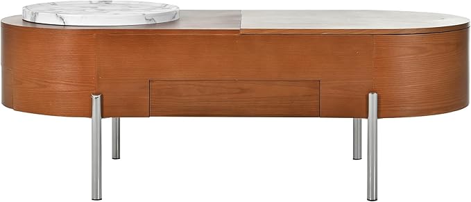 WILLIAMSPACE 47.2" Oval Lift Top Coffee Table with 360-degree Marble-Patterned Rotating Tray, Modern Wooden Center Table Side End Table Lift Tabletop with Hidden Compartment for Living Room, Brown