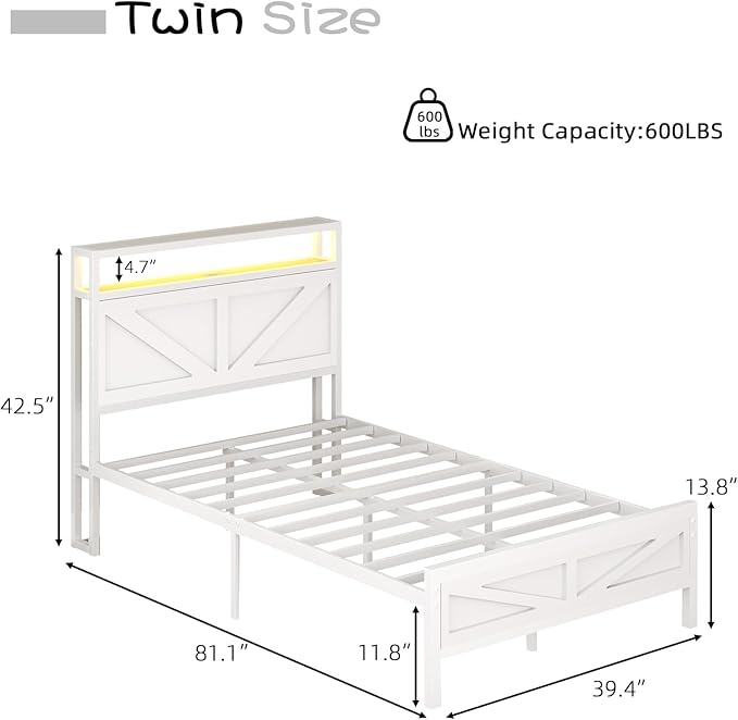 Twin Bed Frame with Charging Station and LED Lights, Twin Size Metal Platform Bed Frame with Storage and Rustic Barn Door Headboard, Heavy Duty Steel Slats Support, No Box Spring Needed, White