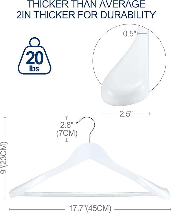 HOUSE DAY High-Grade Solid Wood Coat Hangers for Women, Wide Shoulder Wooden Hangers, Suit Hangers with Non Slip Pants Bar, Smooth Finish 360° Swivel Hook for Dress, Heavy Clothes Hangers 6 Pack White