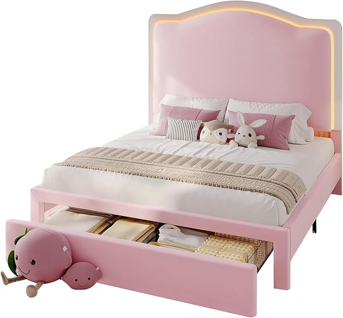 Jocisland Twin Bed Frame with 51" Tall & Thick Adjustable Headboard, Storage Drawer, RGB LED Lights, No Box Spring Needed, Velvet Upholstered, Pink