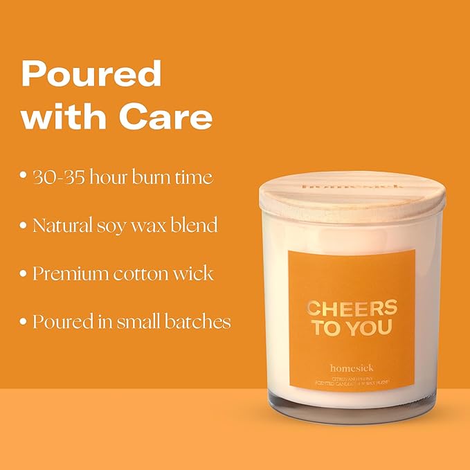 Homesick Scented Candles for Home (Cheers to You) - 7.5 oz Long-Lasting Natural Soy Wax Blend Jar Candle Gift for Women & Men for All Occasions, 30-35 Hours Burn Time - Notes of Citrus & Peony