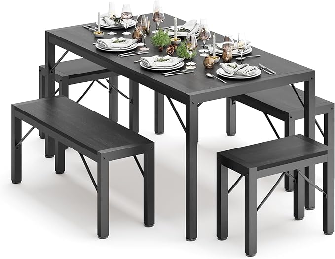Gizoon 63" Dining Room Table Set for 6, Kitchen Table with 2 Benches and 2 Stools, Dining Table Set with Metal Frame, Space-Saving Kitchen Table Set for Apartment, Black