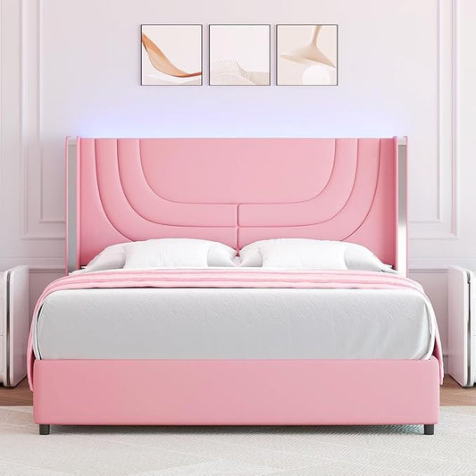 Pink Full Size Bed Frame with LED Lights, Faux Leather Upholstered Platform with Silver Wingback Headboard, Modern Style, No Box Spring Needed, Easy Assembly