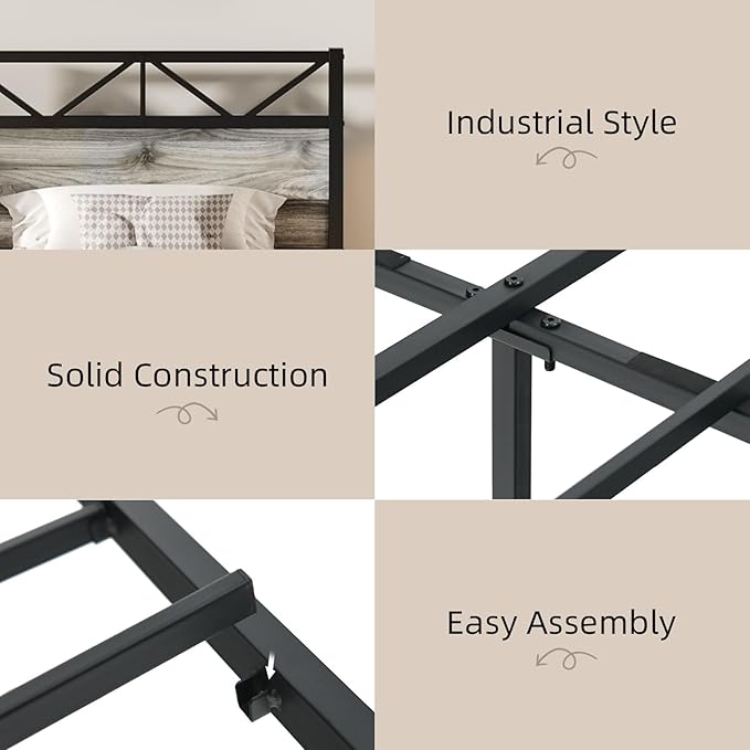 Twin Bed Frames, Bed Frame Twin Size with 51.2" Tall Industrial Headboard, Twin Platform Bed Frame with Heavy Duty Steel Slats Support, Noise Free, No Box Spring Needed, Easy Assembly, Rustic Brown