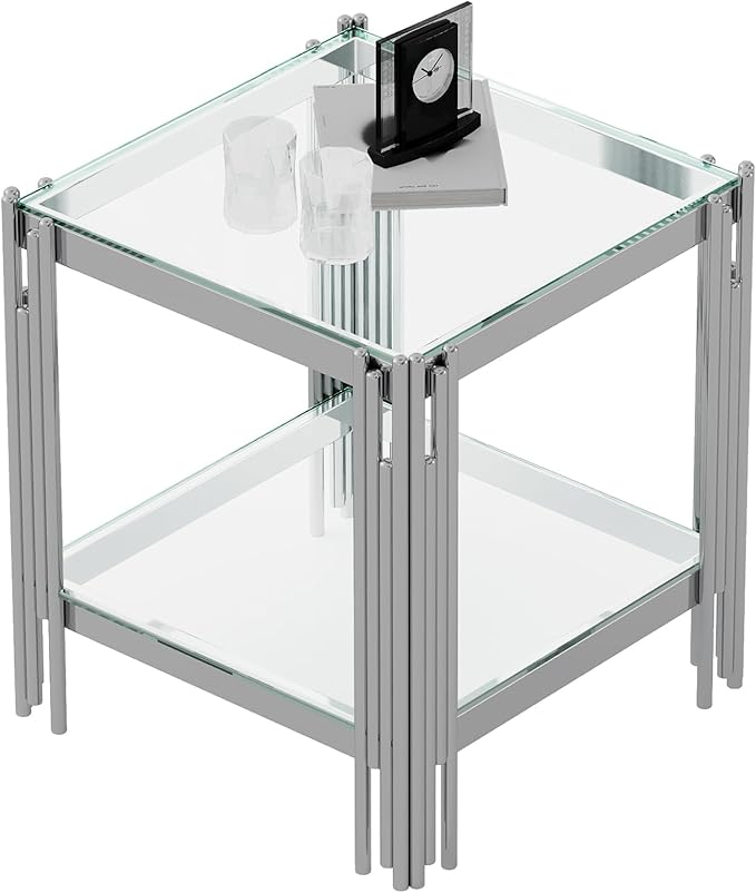 Goujxcy Modern Glass End Table Silver Sofa Side Table with Clear Glass Top and Mirror Stainless Steel Legs, Luxury Square Coffee Tea Table Bedside Tables for Living Room Bedroom, Silver