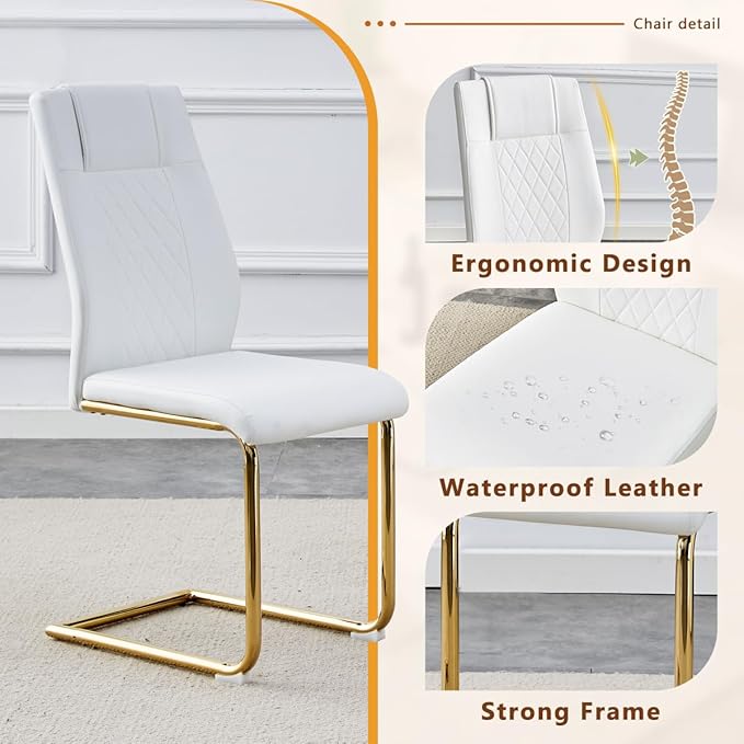 63'' Glass Dining Table Set for 6, Kitchen Table Chairs Set of 6, Clear Glass Dining Table with Black unique design Leg and Gold Metal Base, 6 PU Dining Chairs with Metal Legs, Living Room, Kitchen.