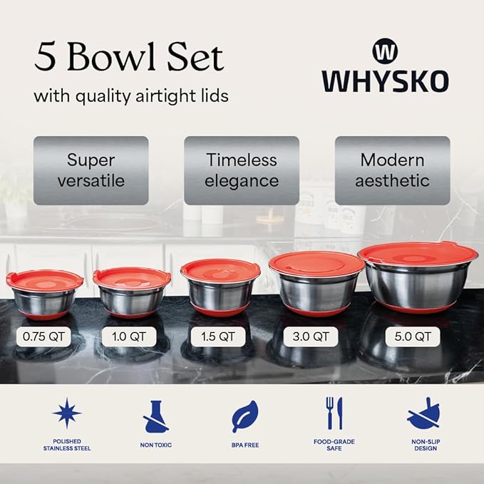 WHYSKO Stainless Steel Mixing Bowls with Lids Set - 5 Rustproof Metal Nesting Mixing Bowls for Kitchen, Meal Prep, Baking, Cooking, Storage - Includes 3 Grater Attachments, Dishwasher Safe