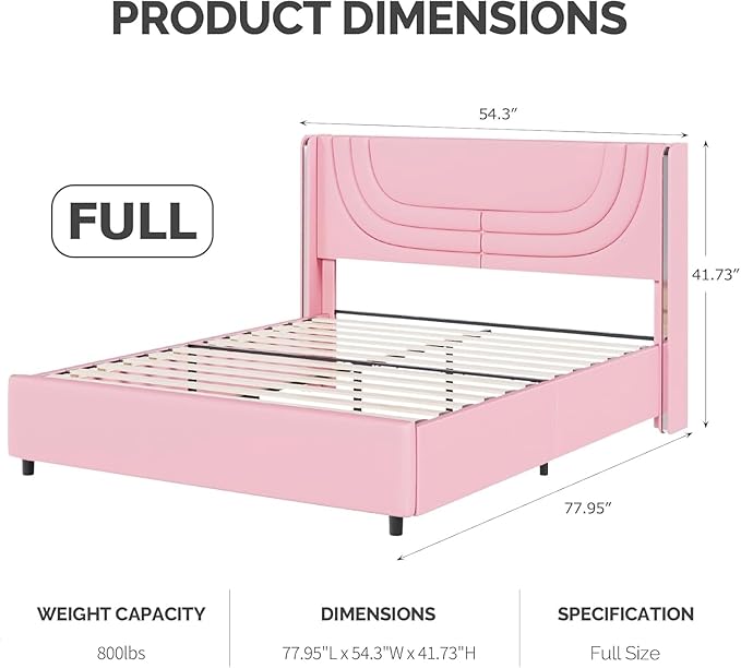 Pink Full Size Bed Frame with LED Lights, Faux Leather Upholstered Platform with Silver Wingback Headboard, Modern Style, No Box Spring Needed, Easy Assembly