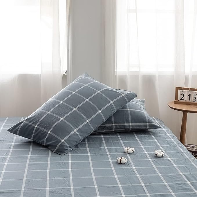 FACE TWO FACE Bedding Duvet Cover Set100% Washed Cotton Duvet Cover Linen Like Textured Breathable Durable Soft Comfy (Full, Grey Green Grid)