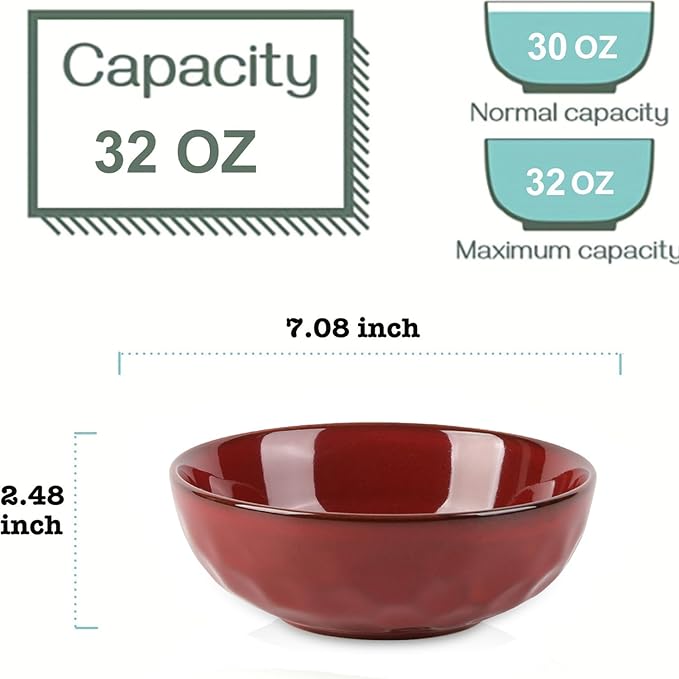 vicrays Ceramic Salad Bowls Set for Kitchen, Serving - 32 Ounce Soup Bowls, Pasta Bowls, Chip Resistant, Dishwasher Microwave Safe, Large, Fluted, Stoneware, Set of 6 (Cherry Red)