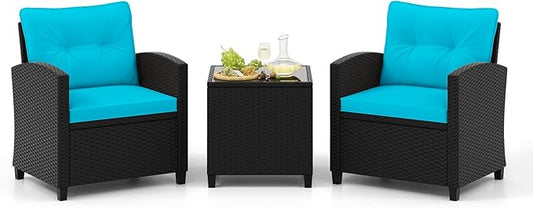 Tangkula 3 Piece Patio Furniture, Rattan Conversation Set w/Soft Seat & Back Cushions, Tempered Glass Topped Coffee Table, Cushioned Wicker Seating Set for Backyard, Porch, Poolside
