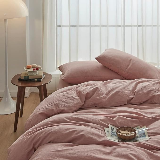 Face Two Face Bedding Duvet Cover Set 3 Pieces 100% Washed Cotton Duvet Cover Linen Like Textured Breathable Durable Soft Comfy (Queen, Old Pink)