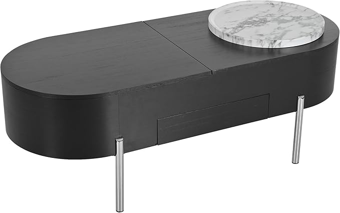 WILLIAMSPACE 47.2" Oval Lift Top Coffee Table with 360-degree Marble-Patterned Rotating Tray, Modern Wooden Center Table Side End Table Lift Tabletop with Hidden Compartment for Living Room, Black