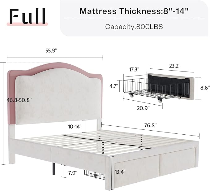 Jocisland Full Bed Frame with 51" Tall & Thick Adjustable Headboard, Storage Drawers, RGB LED Lights, No Box Spring Needed, Velvet Upholstered, Cream
