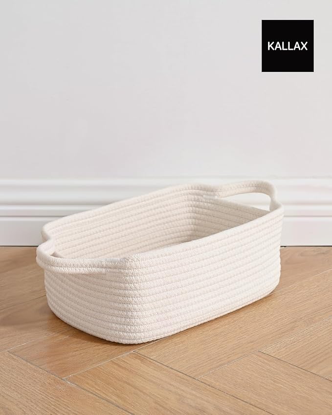 Small Woven Basket, 12 x 8 x 4.5 Inches, Small Storage Baskets for Organizing, Gift Baskets Empty, Cute Rope Shelf Closet Storage Bins for Shelves, Dog Toy Basket, Off White