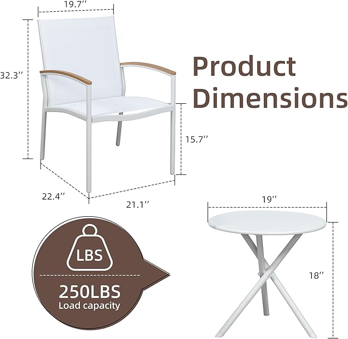 Shintenchi 3 Pieces Patio Bistro Sets, Outdoor Textilene Fabric Conversation Bistro Set, Textilene Fabric Front Porch Chairs Small Patio Furniture Set with Table for Lawn,Garden,Balcony (White)