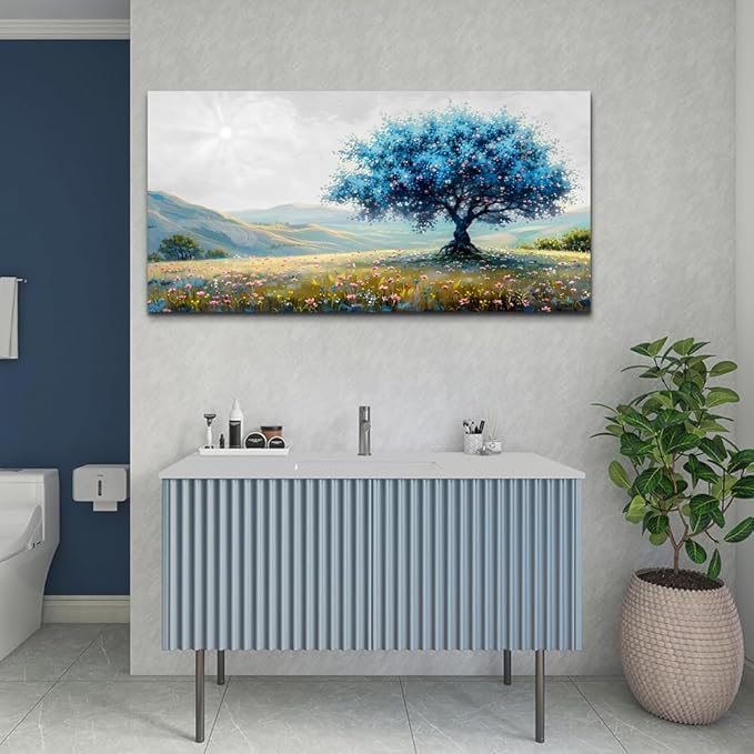 FUHAIHUA Canvas Wall Art For Living Room Large Wall Decor For Office Bedroom Decorations Pastoral Landscape Pictures Blue Tree Painting Artwork Modern Room Wall Mural Aesthetic Home Decor 30x60 In
