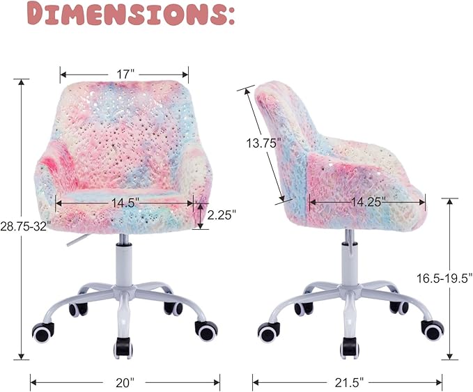 LukeAlon Kids Adjustable Desk Chair, Furry Study Chair with Swivel Base Cute Upholstered Faux Fur Reading Chair with Arms for Girls Children, Colorful