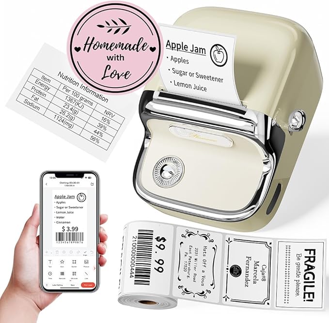 Phomemo M150 Label Maker, Upgraded Bluetooth Label Printer, Compatible with Phone, PC & Tablet, with 1 Roll Free Label Paper, Thermal Portable Sticker Printer Machine for Address,Bracode, Jar, Beige