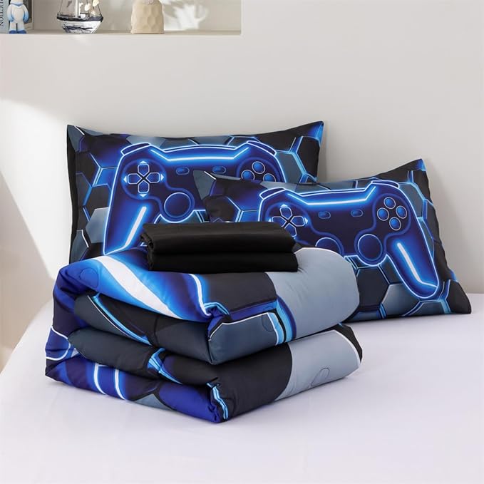NTBED 3D Gaming Comforter Set for Boys Kids Teens,5pcs Gamer Bedding Sets with Sheet,Game Console Bed in a Bag (Blue, Twin)