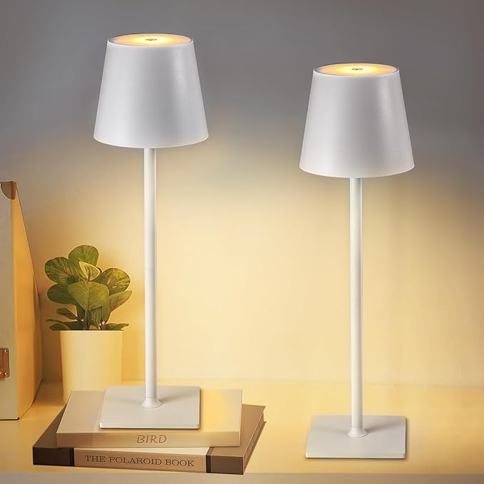 Cordless Table Lamps, 3 Colors Stepless Dimming, 5000mAh Rechargeable Battery LED Desk Lamp for Bedroom/Couple Dinner/Desk/Cafe/Dining Room/Terrace (White - 2 Pack)