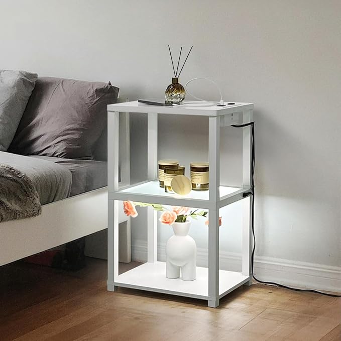 FENLO Nightstand with Charging Station, Small End Table with Charging, Side Table with Storage – Minimalist Nightstand for Bedroom or Small Spaces Flare