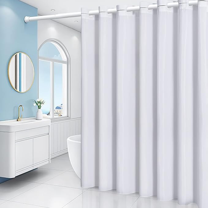 Extra Wide No Hook Shower Curtain,96 Inch Width White Fabric Shower Curtains with 12 Plastic Built-in Hooks,Waterproof & Machine Washable Hotel Style for Bathroom,96x72 Inch