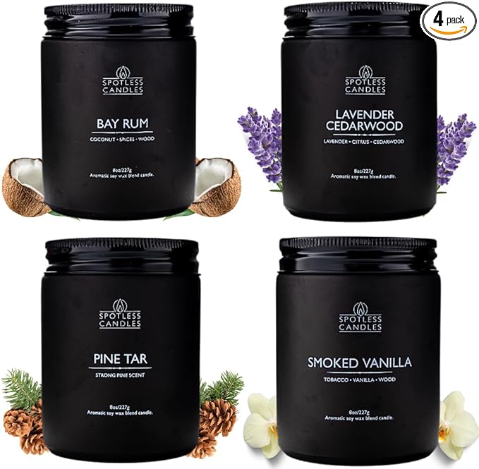 Scented Candles for Men - 200 Hours Burn Time in Gift Box & Protective Shipper - Men Candle Set x 4 - Cedarwood & Lavender/Bay Rum/Pine Tar/Smoke & Vanilla - Spotless Leopard