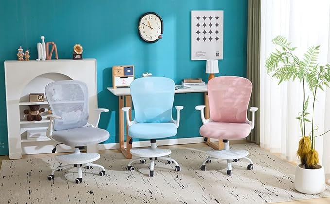 Kids Desk Chair Ergonomic Study Chair Swivel Mesh Desk Chair with Adjustable Arm Height Footrest Wheel Computer Home Office Chair for Children Boys Girls Students Bedroom School Age 5-13 Grey