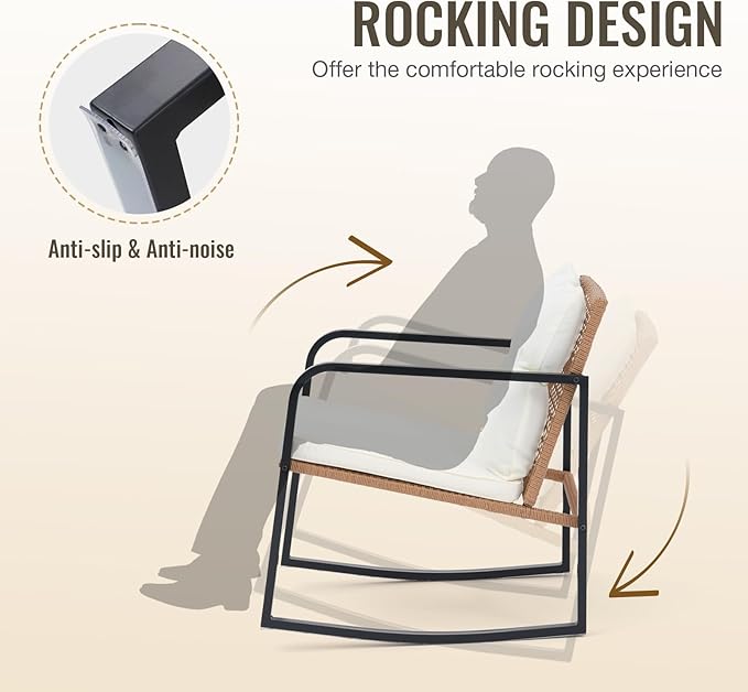 SUNSITT 3 Piece Outdoor Bistro Set, Wicker Patio Rocking Bistro Set w/Weather-Resistant Cushions, Metal Bistro Table & Chairs Set of 2, Woven Rattan Patio Rocking Chairs Set w/Outdoor Coffee Table