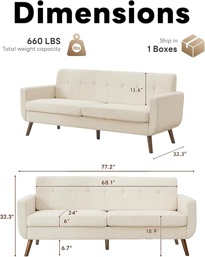 Tbfit 77.2" W Linen Sofa Couch, Mid Century Modern Decor Loveseat Couches for Living Room, Button Tufted Upholstered Small Couch for Bedroom, Solid, and Easy to Install Love Seats Furniture, Beige