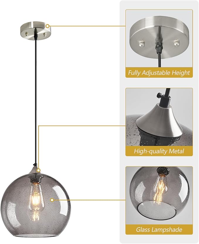 Light Grey Glass Pendant Lights Kitchen Island Globe Pendant Light Fixtures Modern Pendant Lighting for Bedroom Living Dining Room Light Fixture (9.84 in, 1 Pack)