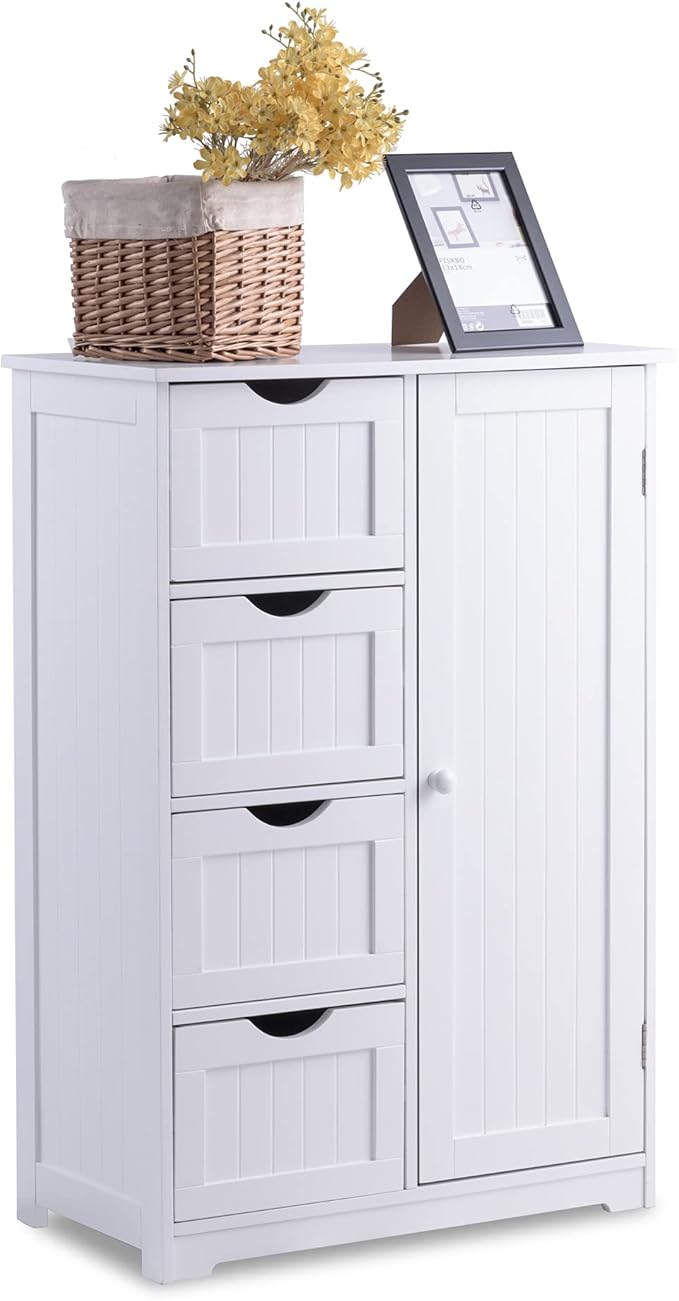GLACER Bathroom Floor Cabinet, Multifunctional Storage Cabinet with 4 Drawers and 1 Door, Wooden Side Storage Organizer for Bathroom, Living Room or Kitchen, 22 x 12 x 32 inches (White)