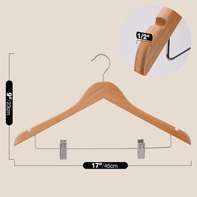 Wooden Hangers with Clips 24 PCS Pants Hangers with Clips,Smooth Solid Wooden Pants Hangers,360 Swivel Hooks & Adjustable Clips,for Jeans,Skirt,Suit,Shorts,Scarf.
