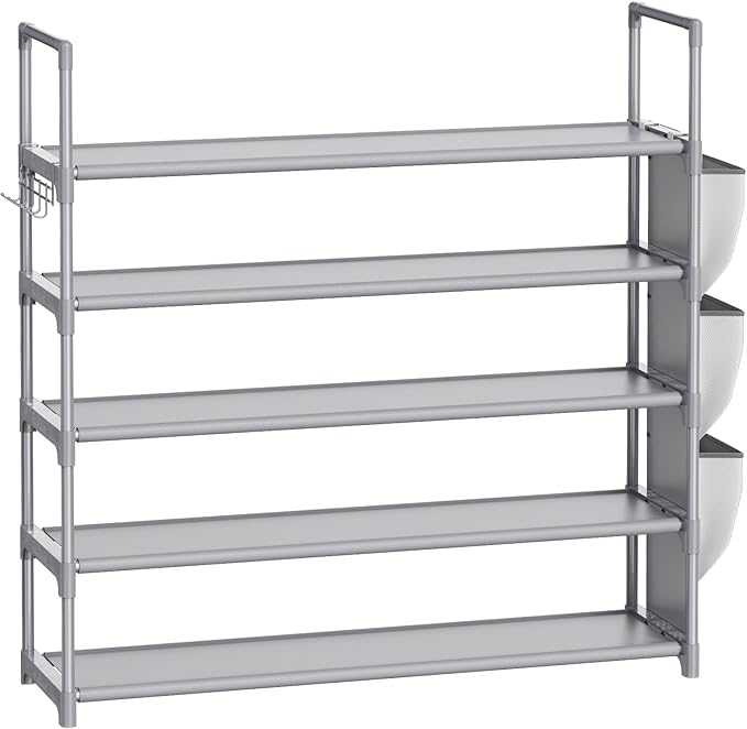 Shoe Rack for Closet Shoe Organizer Space Saver Storage for 20-25 Pair Shoe Shelf with Hook and Side Pocket Free Standing 5 Tier Shoe Rack Organizer for Entryway,Small Spaces, Grey