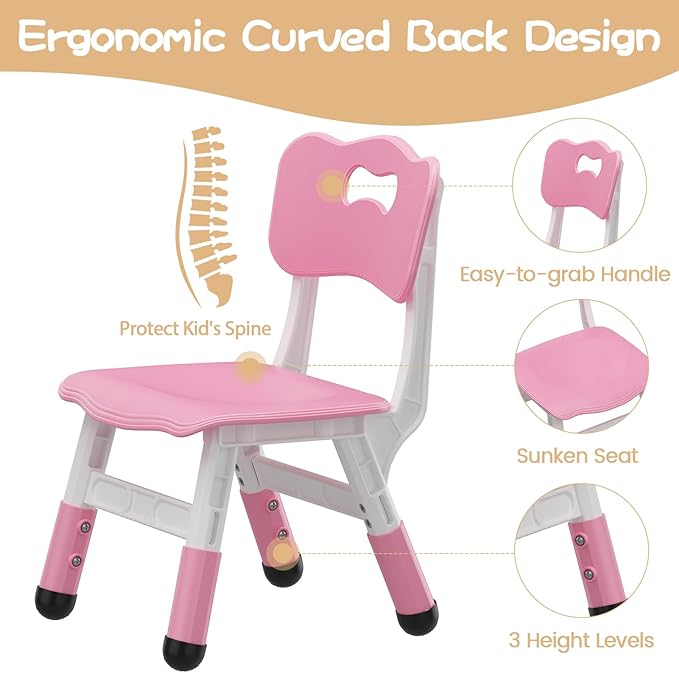 GAOMON Kids Chair Set of 2, 3 Level Height Adjustable Kid Chair, Plastic Toddler Chairs for Children Boys Girls Age 2-6, Suitable for Home Family Classroom Nursery Indoor Use, Pink