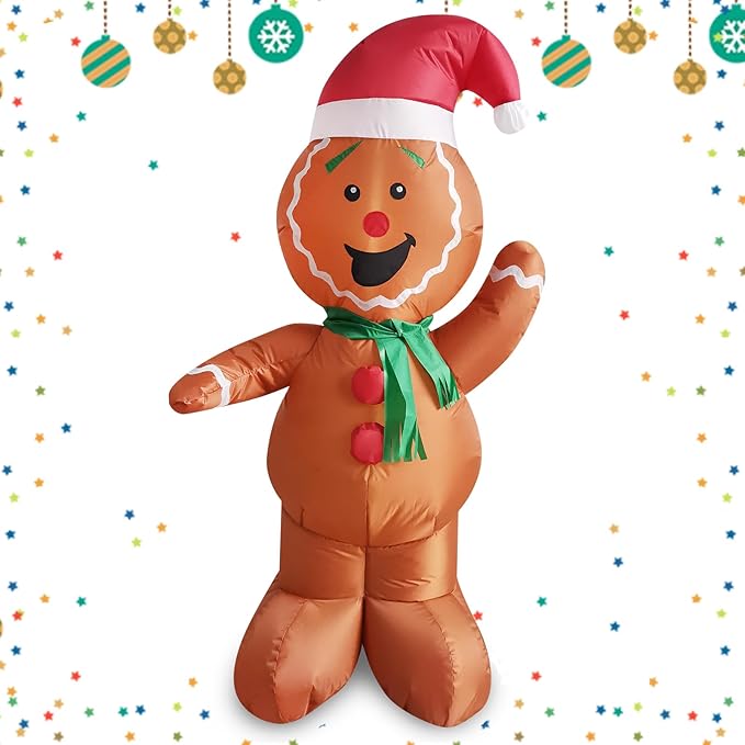 Mimi Funn 6FT Christmas Inflatable Gingerbread Man, Cute Christmas Blow Up Yard Decorations with Build-in LEDs for The Yard, Lawn, Garden