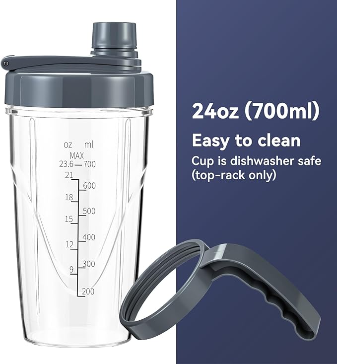 La Reveuse Personal Size Smoothie Blender Pro, 1000W High Speed with 24oz To-Go Cup, Ideal for Smoothies,Protein Shakes, Frozen Drinks, Food Prep, Gray